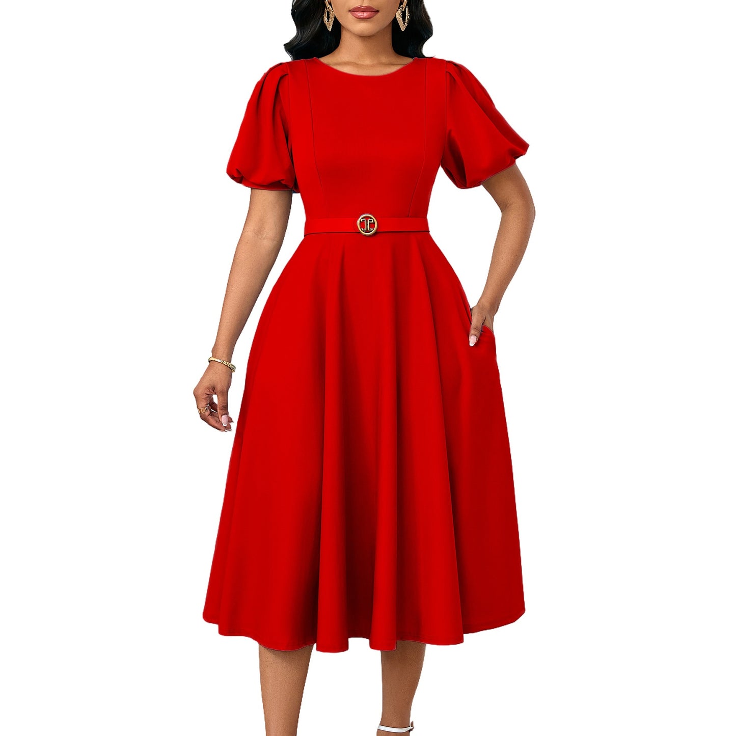 Damen Midi-Kleid mit voluminösen Puffärmeln, elegantem Taillengürtel und schwingendem Rock Stalluxe