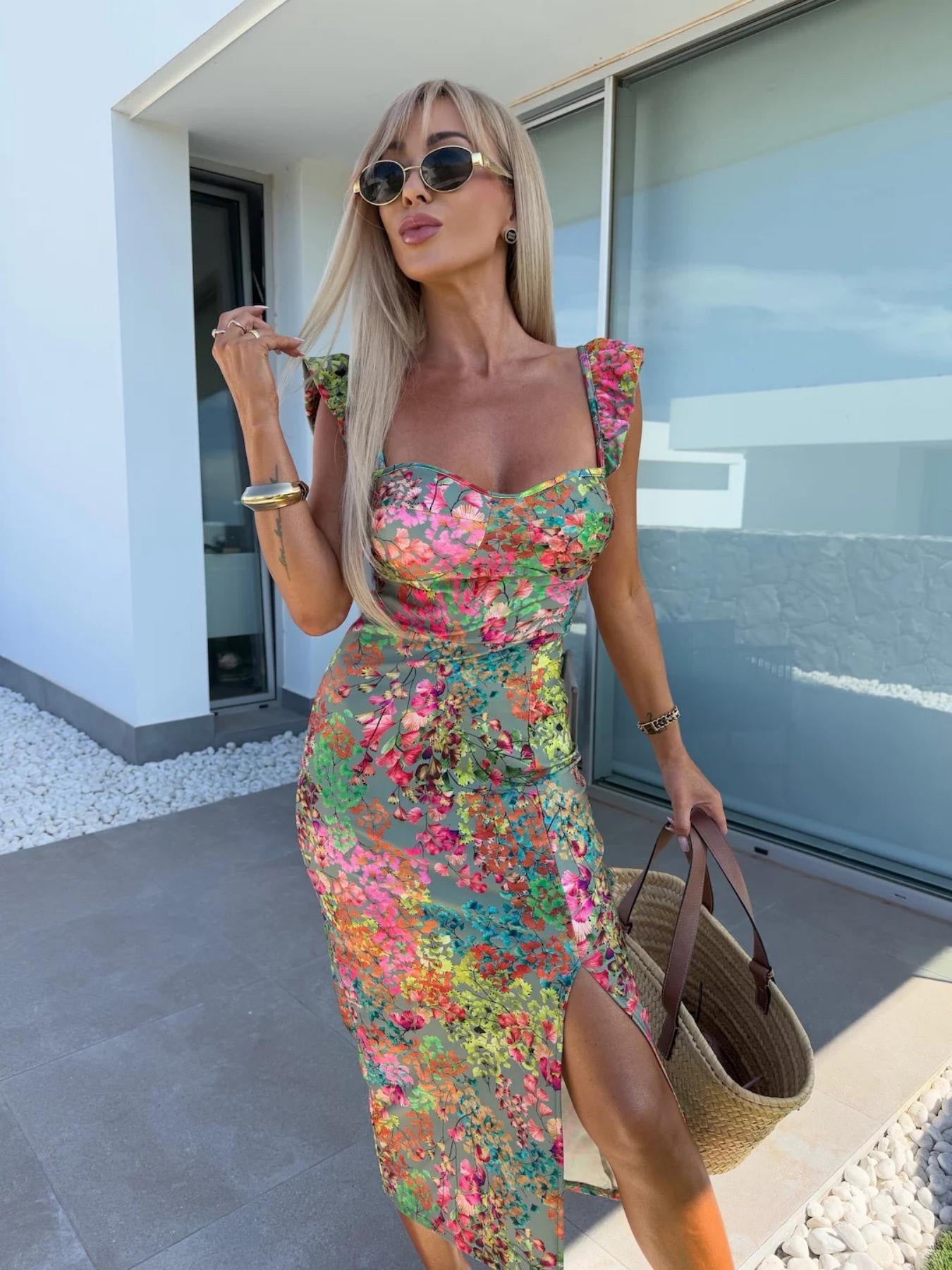 Damen Floral Maxikleid mit Rüschendetails und seitlichem Schlitz Stalluxe