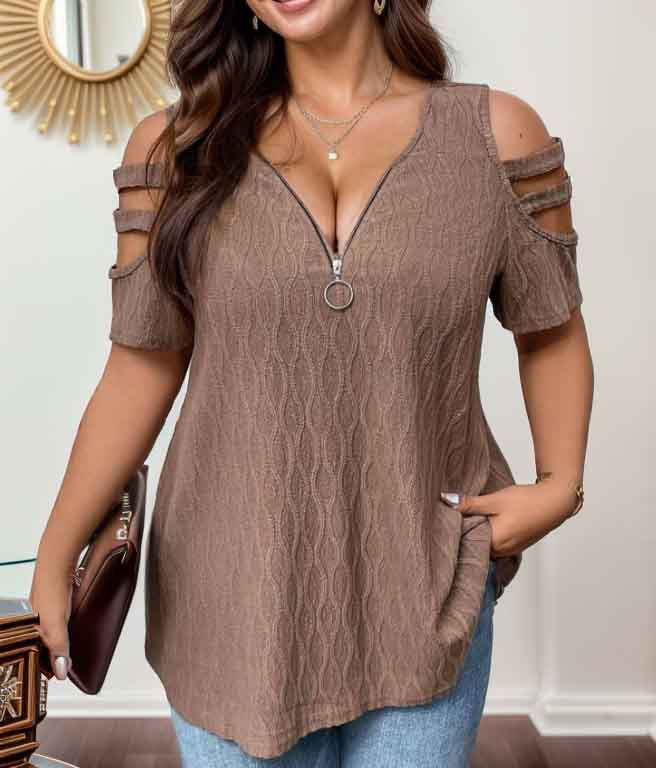 Damen modisches Halbarmshirt mit Reißverschluss Stalluxe