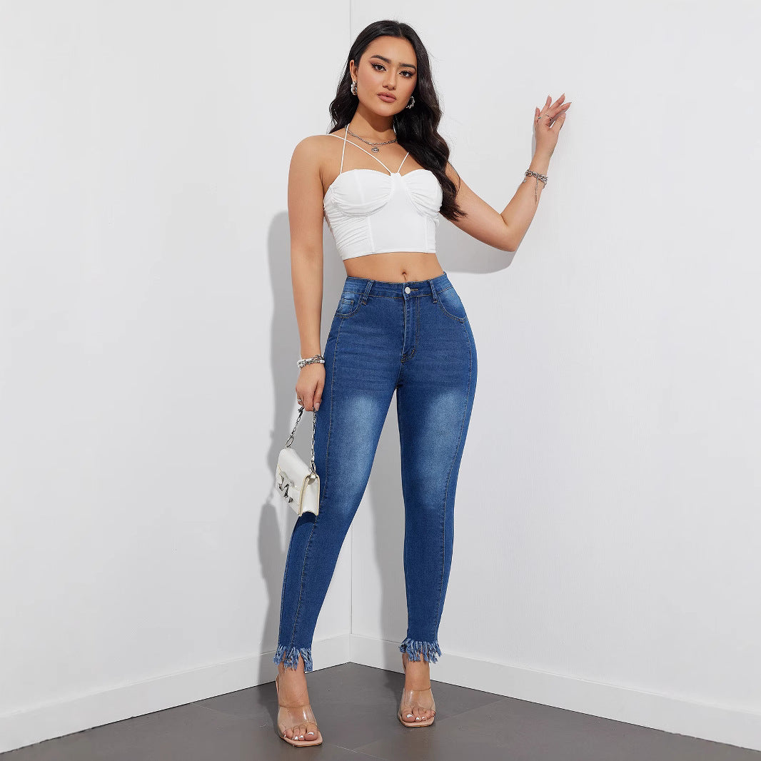 Damen Skinny-Jeans mit fransigem Saum und hoher Taille Stalluxe