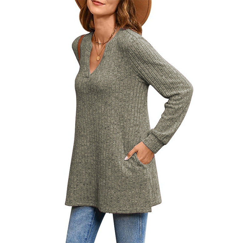 Women's Ribbed V-Neck Tunic Sweater Stalluxe