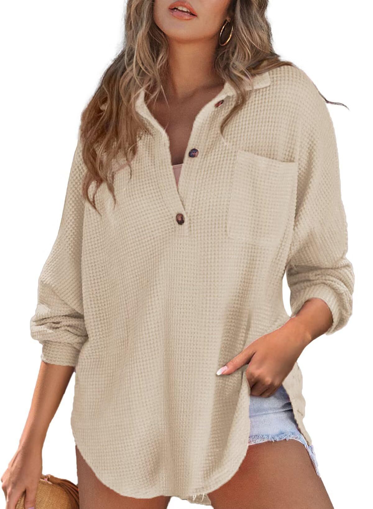 Damen lässiges Waffelshirt mit Knopfdetails und Taschen Stalluxe