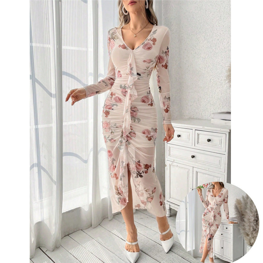Damen Kleid mit Raffung und Blumenmuster Stalluxe