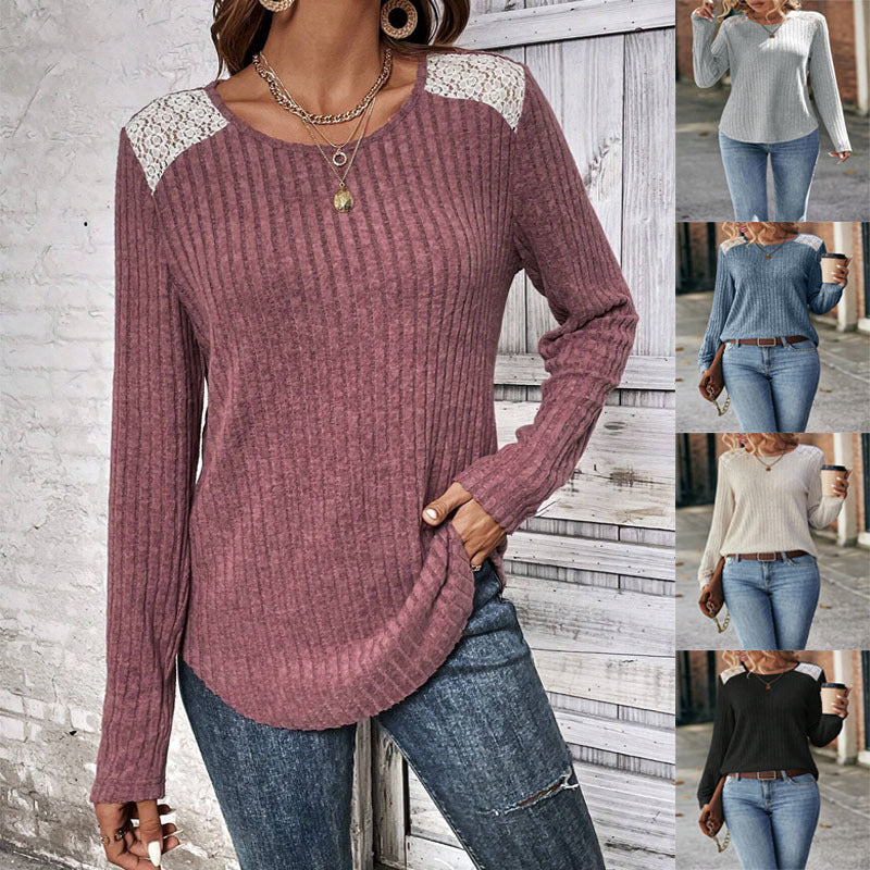Women's Ribbed Knit Lace-Trimmed Sweater Stalluxe