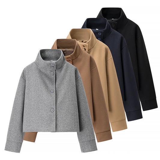 Damen trendige cropped Übergangsjacke mit elegantem Stehkragen und praktischen Knopfdetails Stalluxe