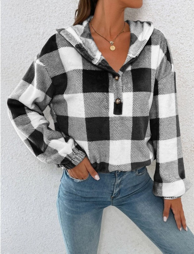 Damen Gemusterte Karo-Hoodie-Bluse Stalluxe