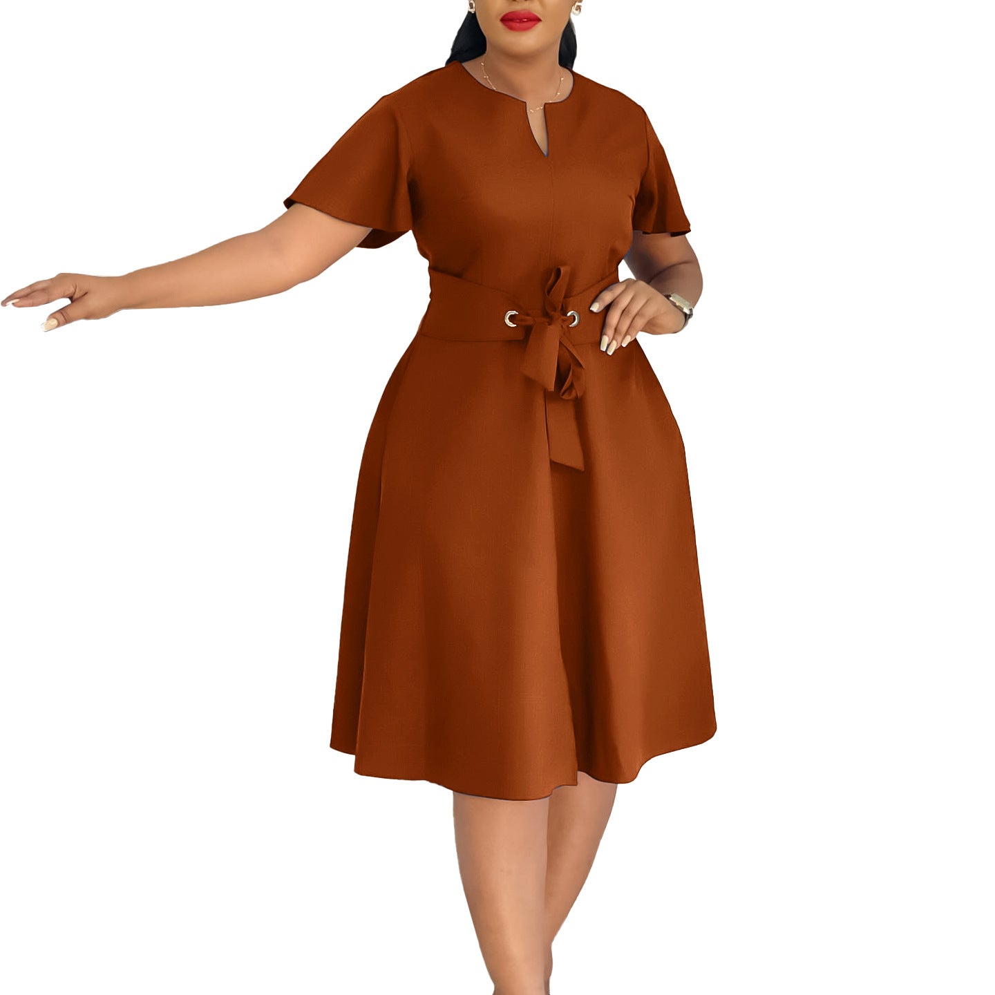 Damen Midi-Kleid mit eleganten Volantärmel und schickem Taillengürtel Stalluxe