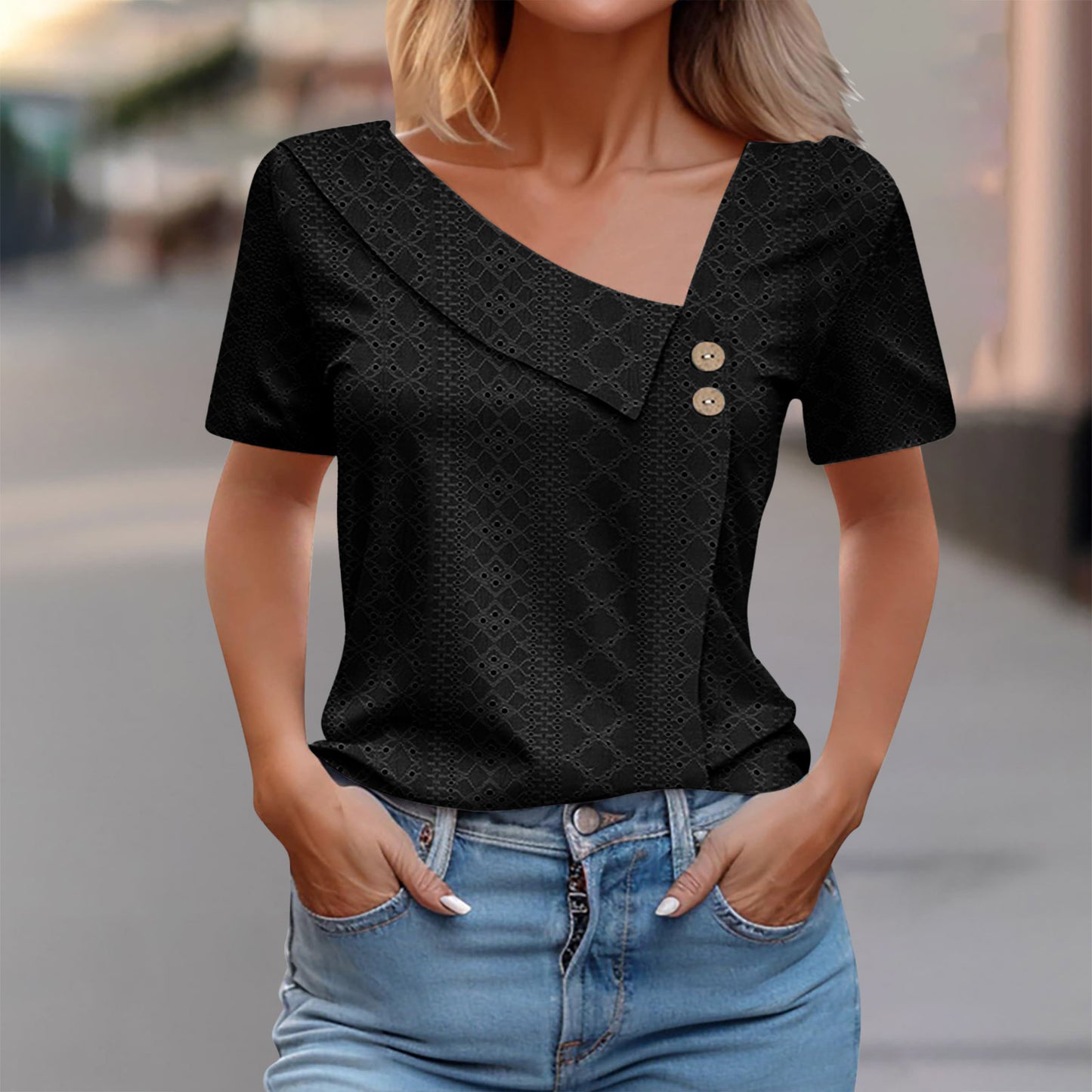 Women's Eyelet Patterned Button-Up Top Stalluxe