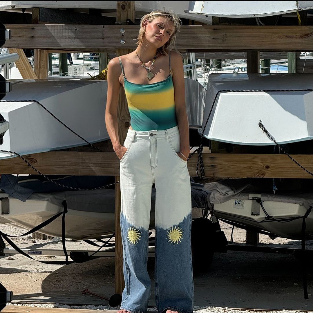 Damen Wide-Leg Jeans mit einzigartigem Sonnen-Motiv Stalluxe