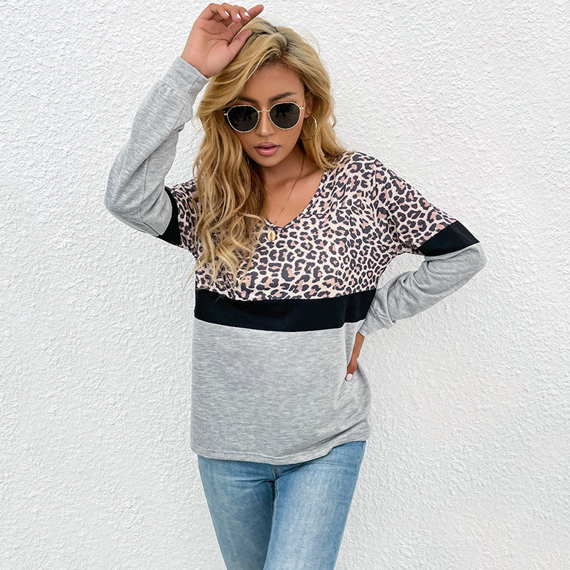 Damen V-Ausschnitt Sweatshirt mit Leopardenmuster und Kontrastband Stalluxe