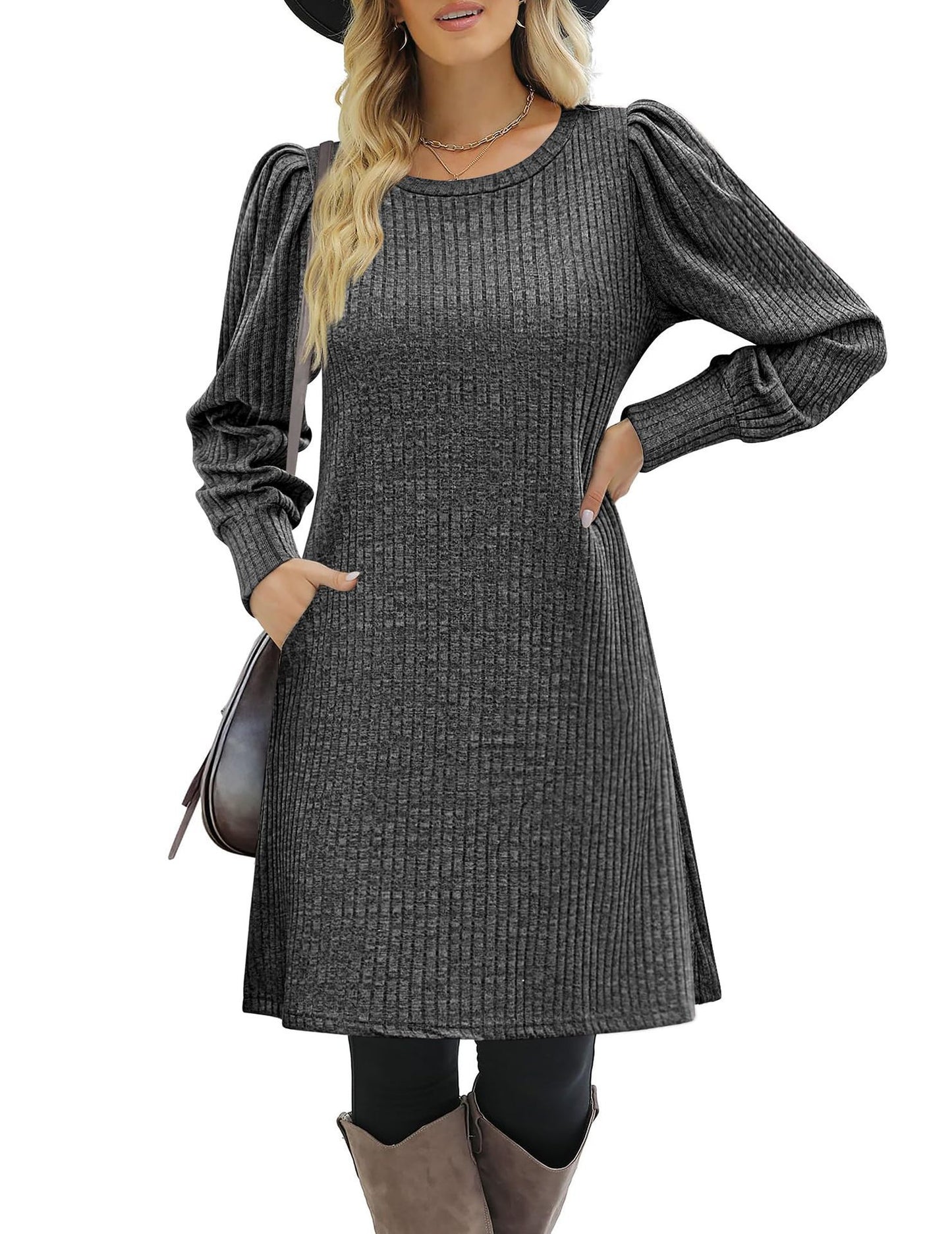 Damen Strickkleid mit puffärmeligem Design und Taschen Stalluxe