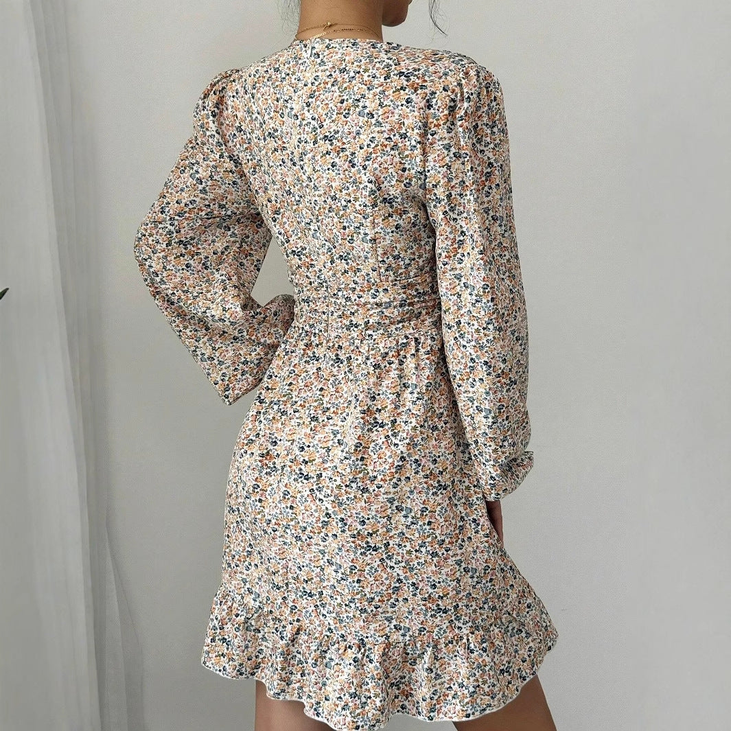 Damen Blütenverziertes Minikleid mit tiefem V-Ausschnitt und voluminösen Ärmeln Stalluxe