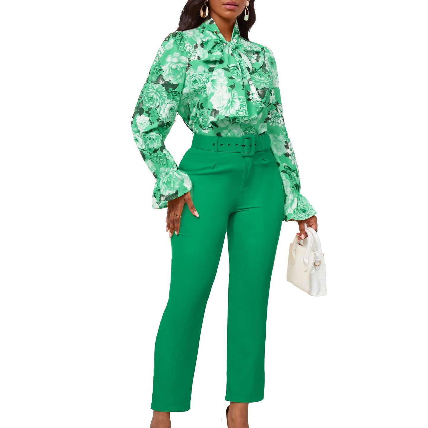 Damen elegante Bluse mit Rüschendetails und passender Hose Stalluxe