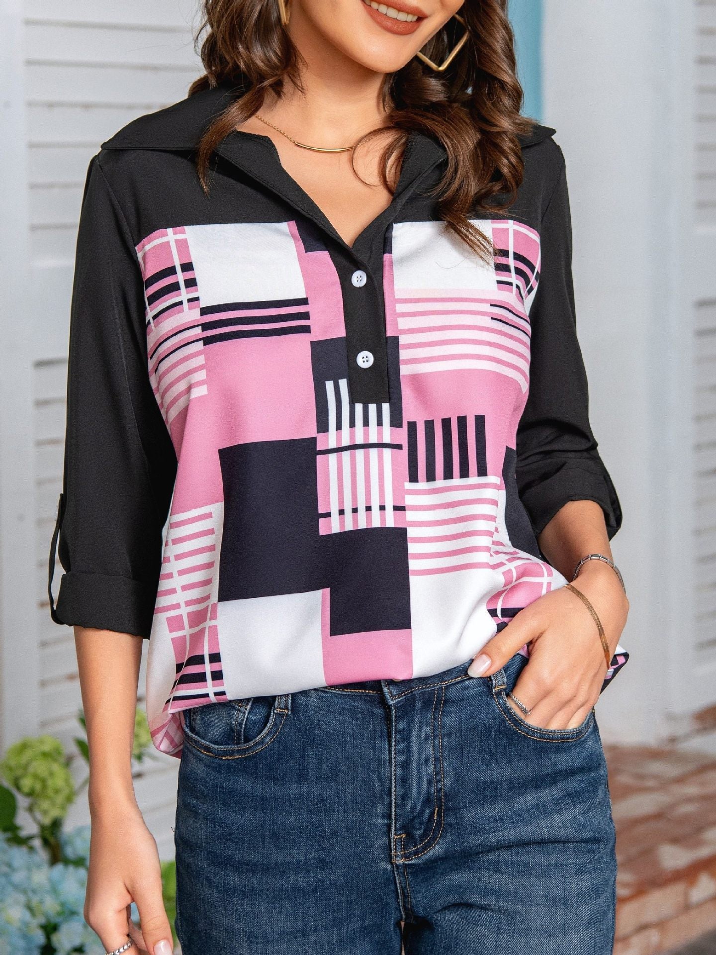 Damen Modische Bluse mit grafischem Druck und Knopfleiste Stalluxe