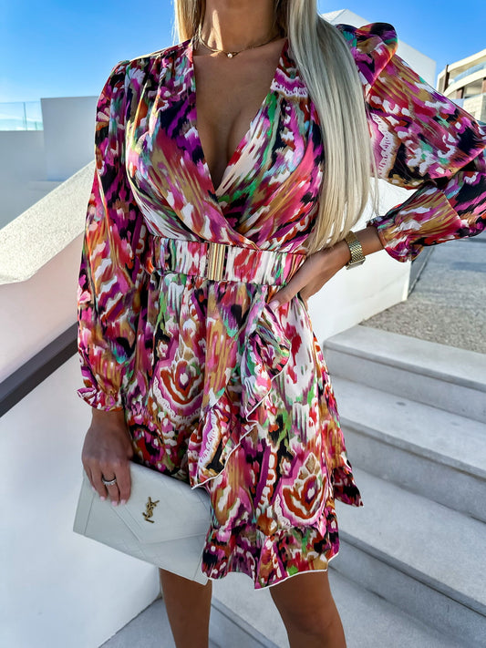 Damen Elegantes Wickelkleid mit buntem Muster und Rüschendetails Stalluxe