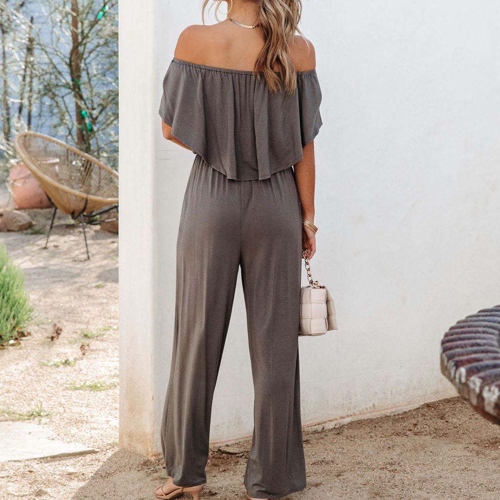 Damen Off-Shoulder Jumpsuit mit weichem Stoff und elastischem Bund Stalluxe