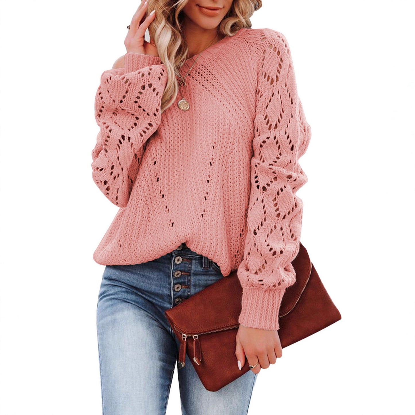 Damen Strickpullover mit Lochmuster und voluminösen Ärmeln Stalluxe