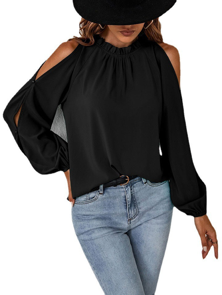 Damen Off-Shoulder Bluse mit ballonförmigen Ärmeln und Rüschenkragen Stalluxe