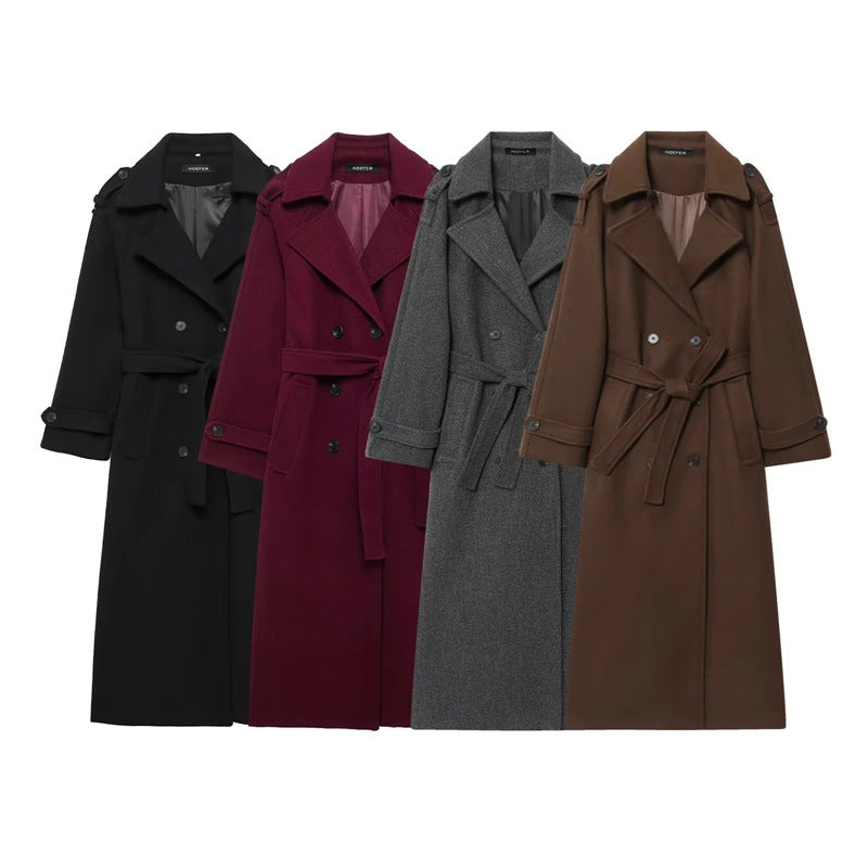 Damen Eleganter Wolltrenchcoat mit doppelter Knopfleiste und Taillengürtel Stalluxe