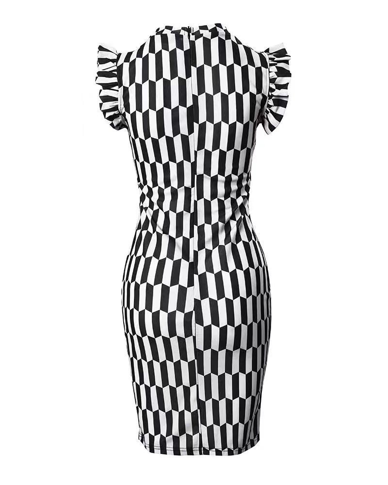 Damen Figurbetontes Kleid mit Rüschendetails und geometrischem Muster Stalluxe