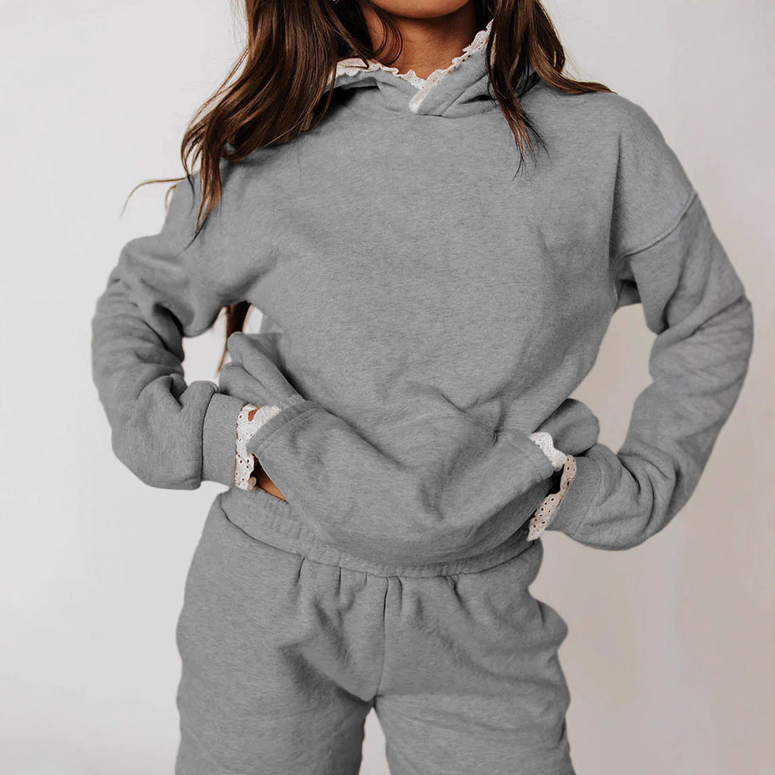 Damen Lässiges Hoodie-Set mit dekorativem Spitzensaum Stalluxe