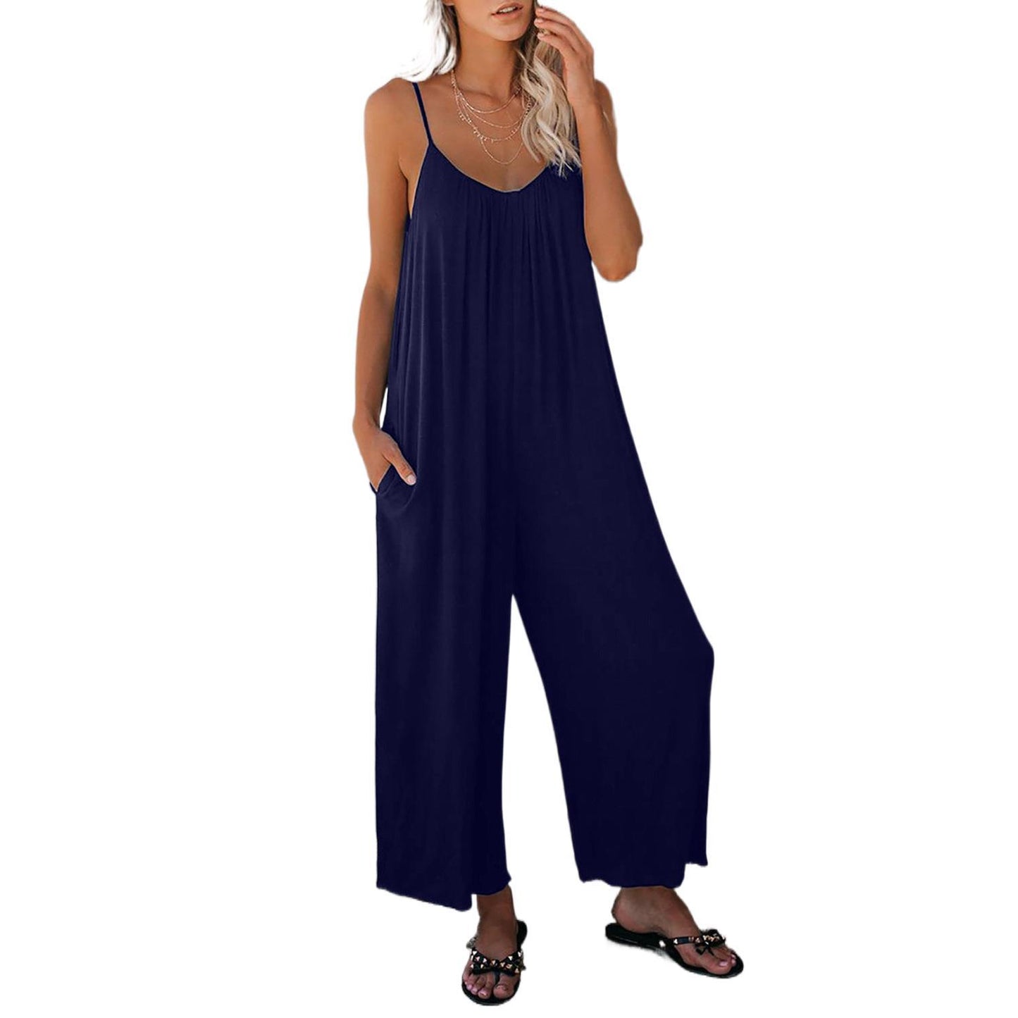 Damen Lässiger Sommer-Jumpsuit mit tiefem Ausschnitt und praktischen Taschen Stalluxe