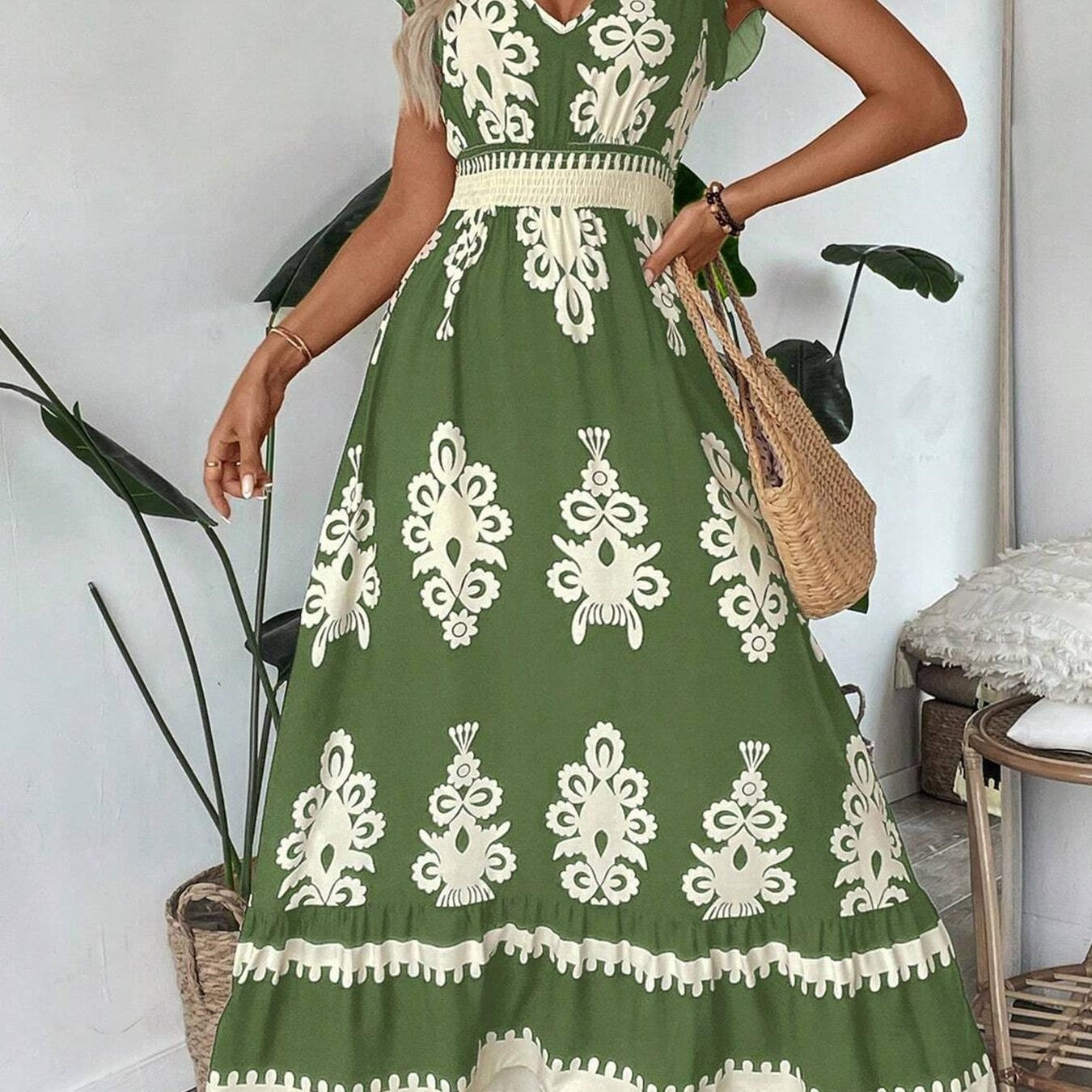 Damen Maxikleid mit stilvollem V-Ausschnitt und kontrastreichem Druck Stalluxe