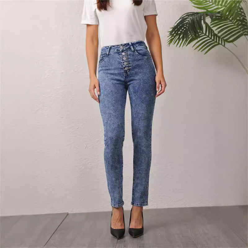 Damen hochgeschnittene Jeans mit dekorativem Knopfverschluss Stalluxe