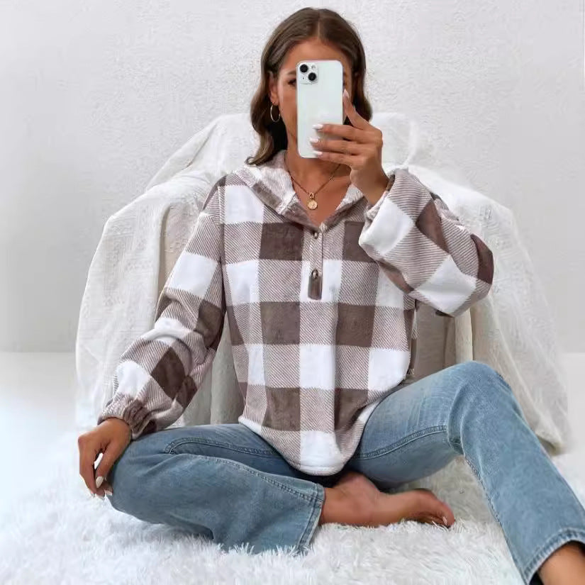 Damen Oversized Karo-Hoodie mit Knopfleiste und breiten Ärmeln Stalluxe