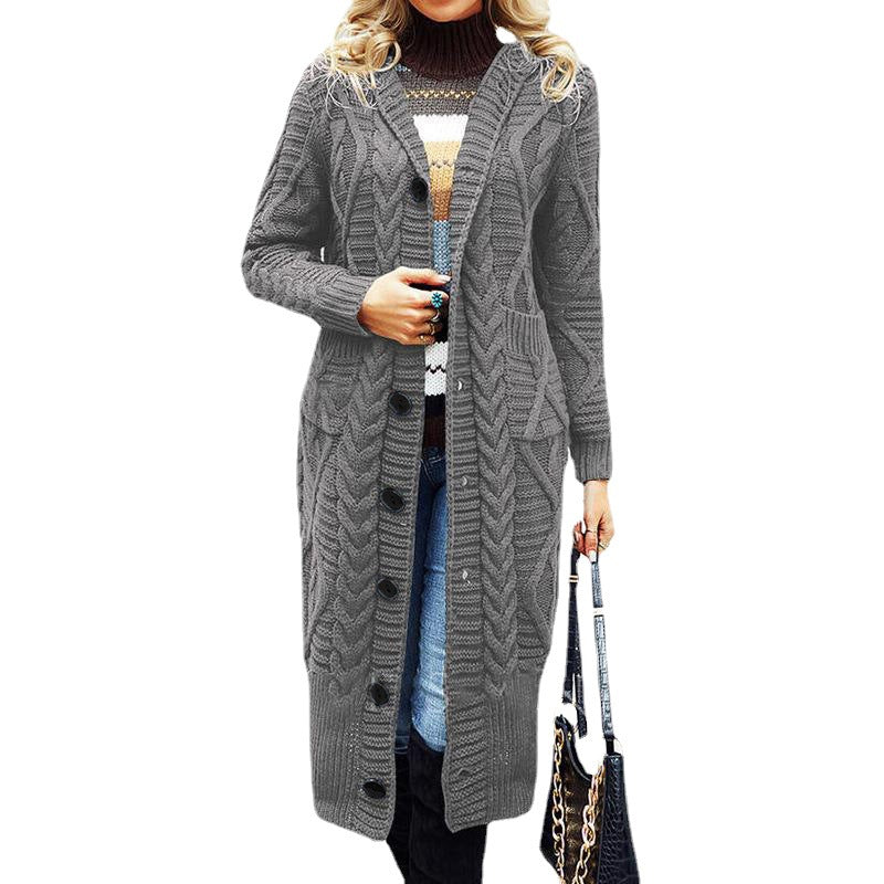 Damen Eleganter Strickmantel mit tiefem V-Ausschnitt und aufwendigem Zopfmuster Stalluxe