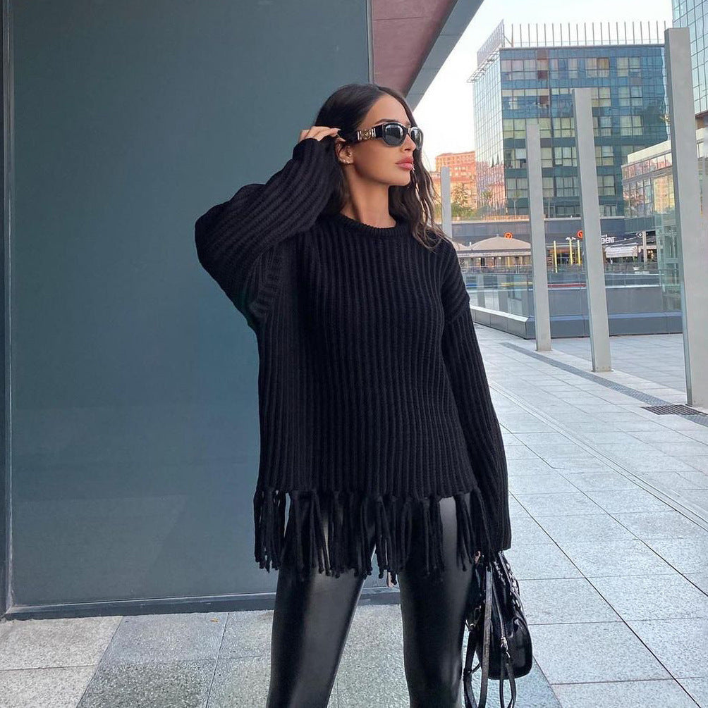 Damen lässiger Strickpullover mit Fransen Stalluxe