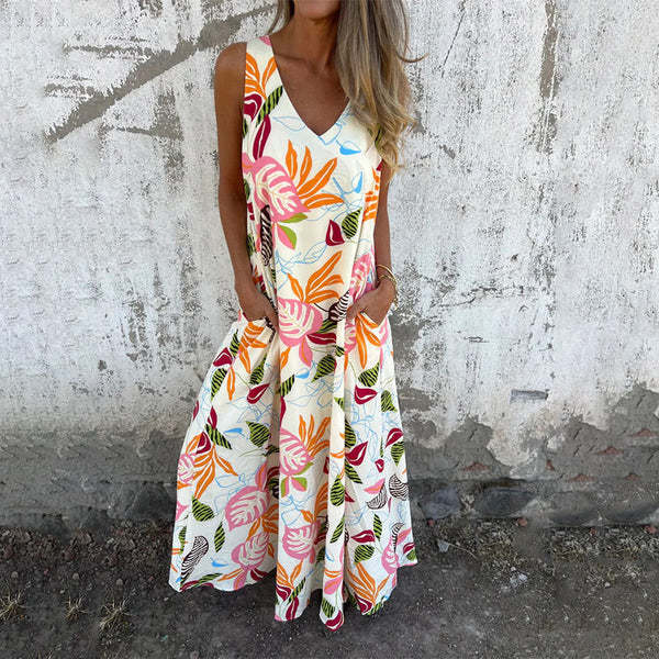 Damen luftiges Maxikleid mit floralem Muster und praktischen Taschen Stalluxe