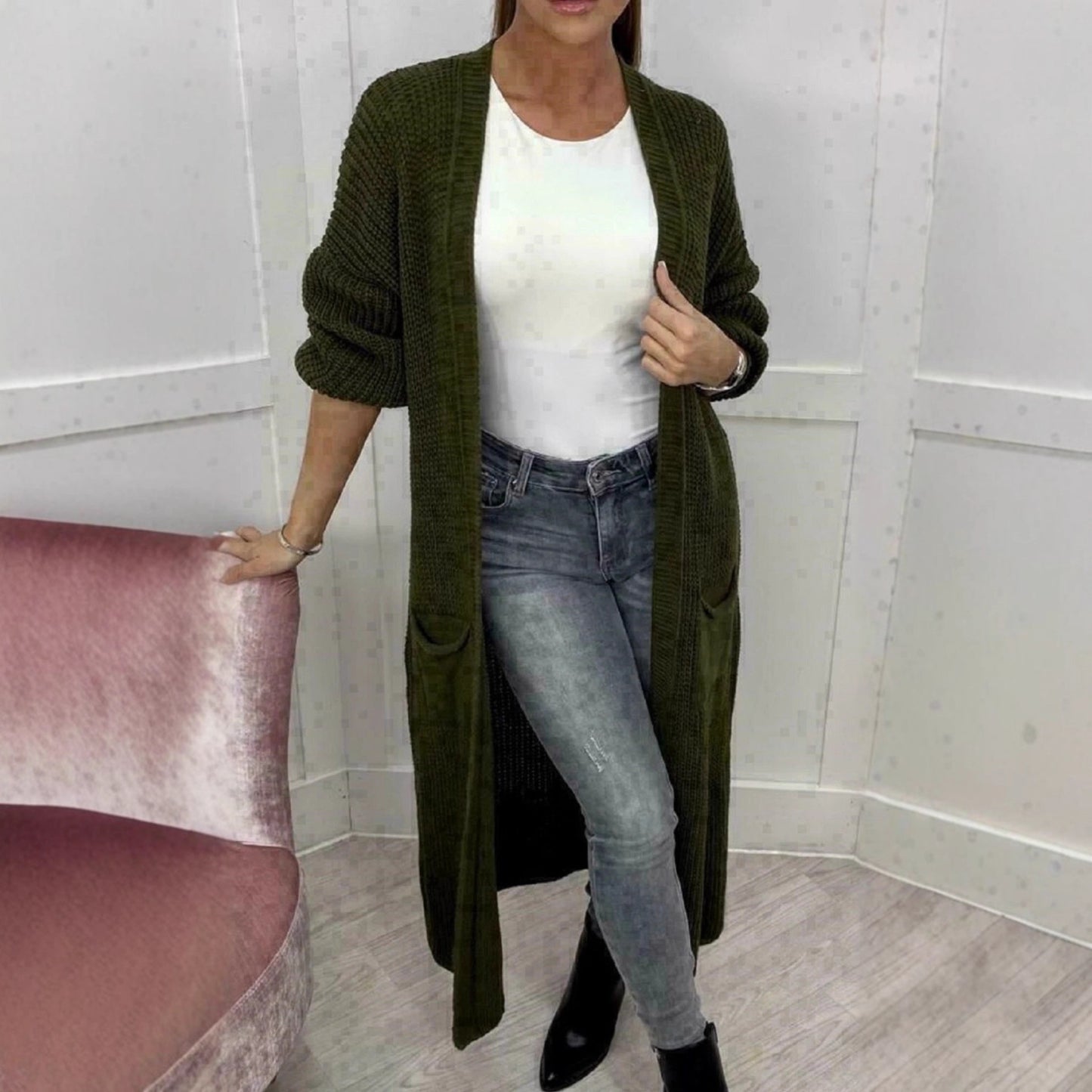 Damen Langer Strickcardigan mit strukturierter Maschenoptik und praktischen Taschen Stalluxe