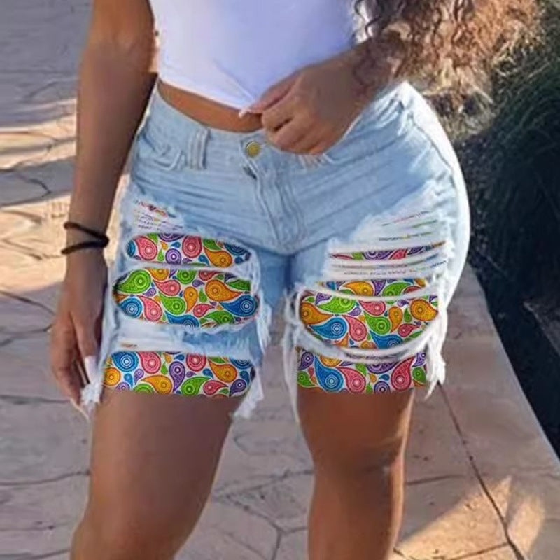 Damen Jeans-Shorts mit buntem Muster und stylishen Ausfransen Stalluxe
