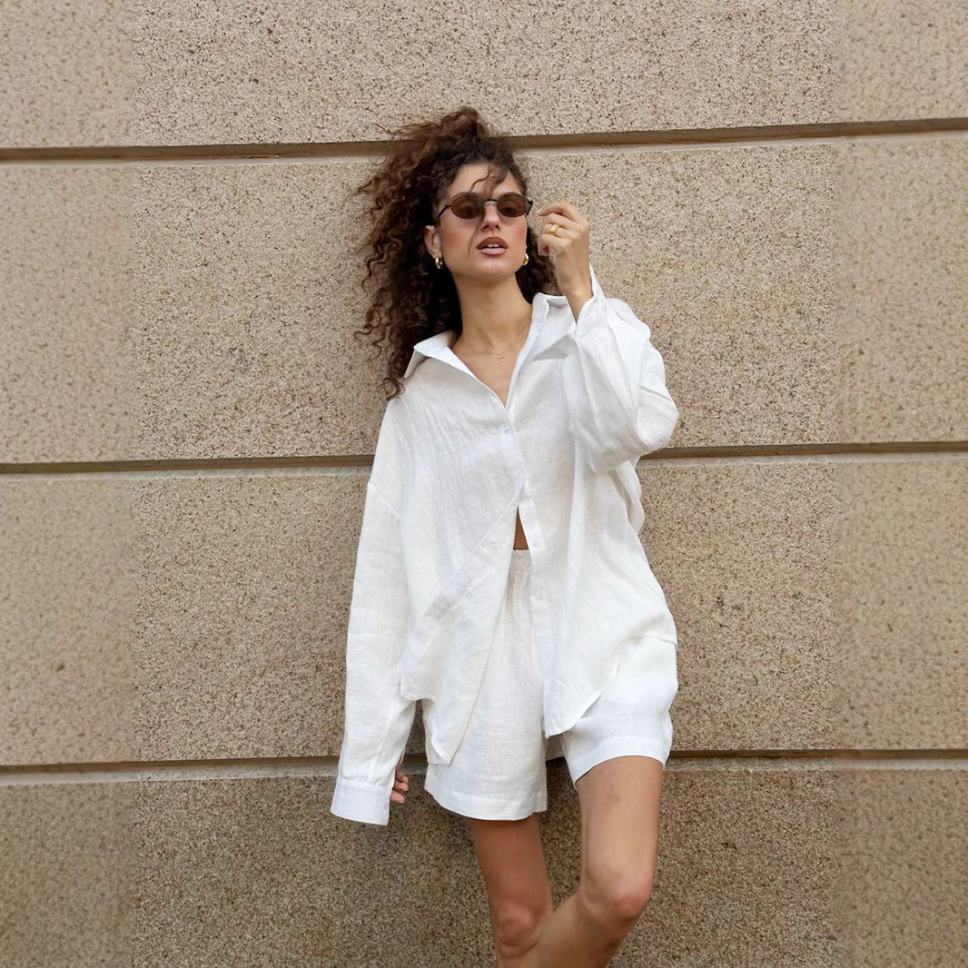 Damen lässige Leinenbluse und Shorts Set Stalluxe