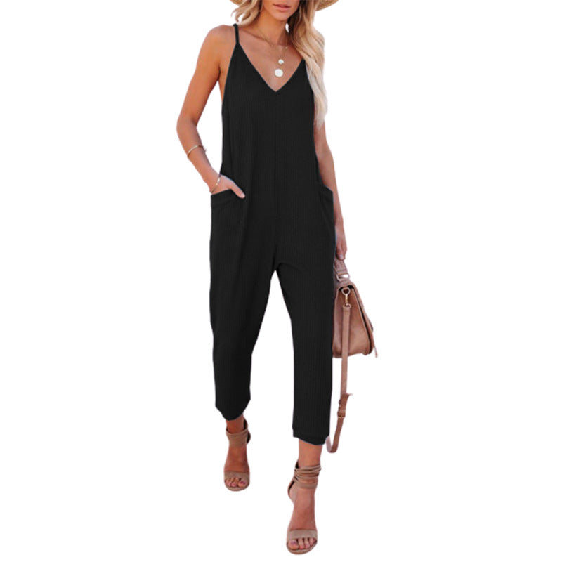 Damen Lässiger Jumpsuit mit tiefem V-Ausschnitt und praktischen Taschen Stalluxe