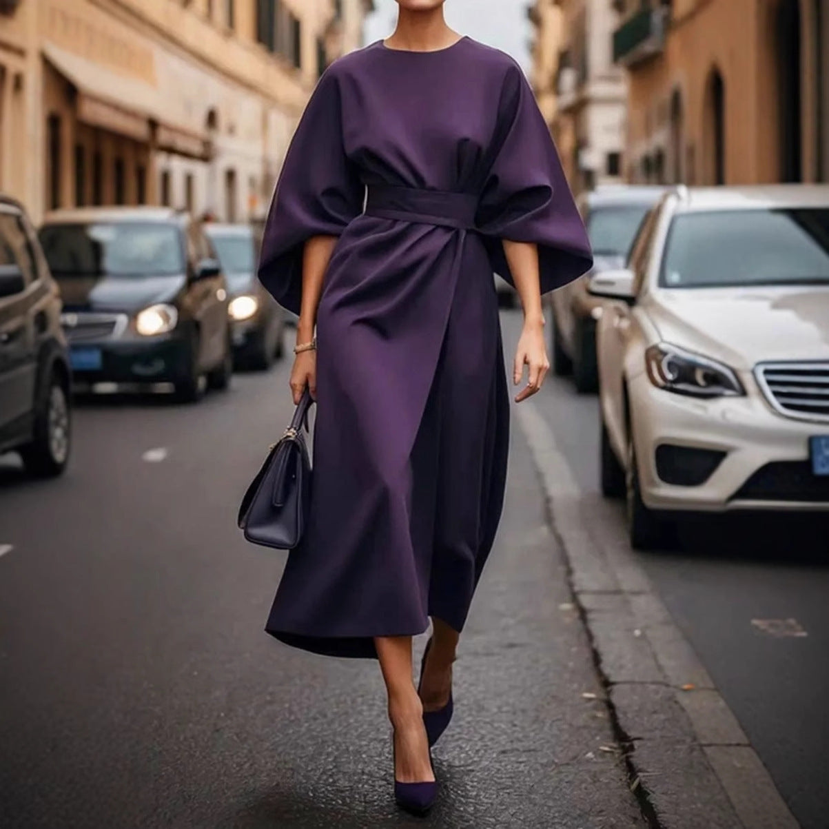 Damen elegantes Maxikleid mit weitem Schnitt und Taillengurt Stalluxe
