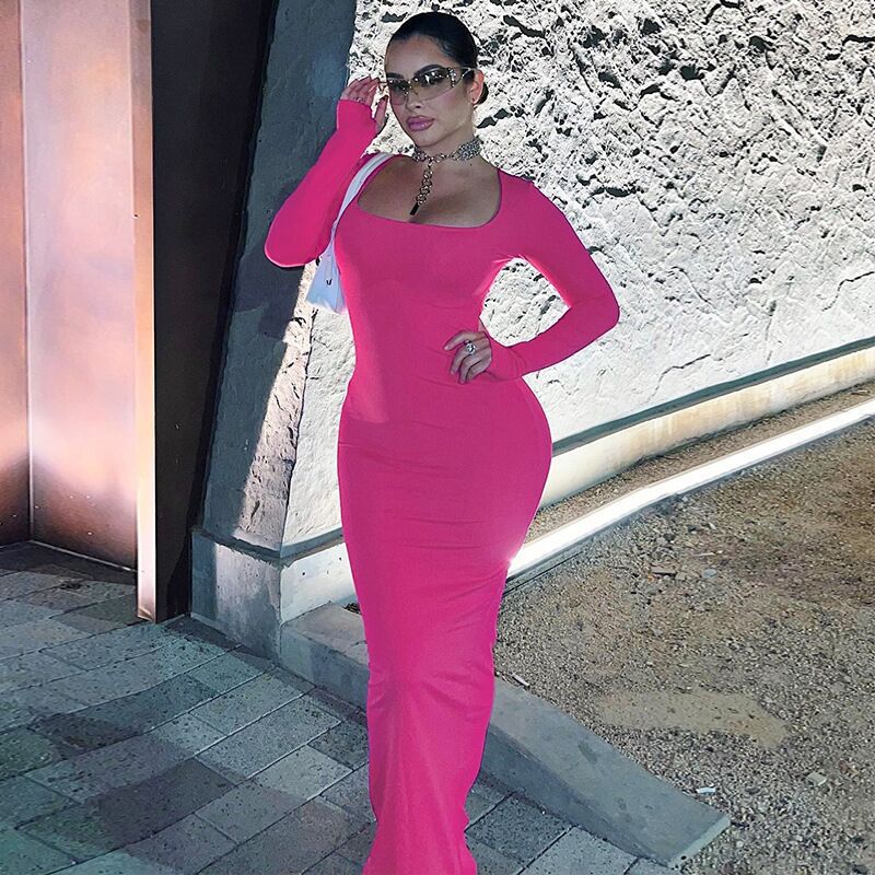 Damen Figurbetontes Langarm-Maxikleid mit quadratischem Ausschnitt Stalluxe