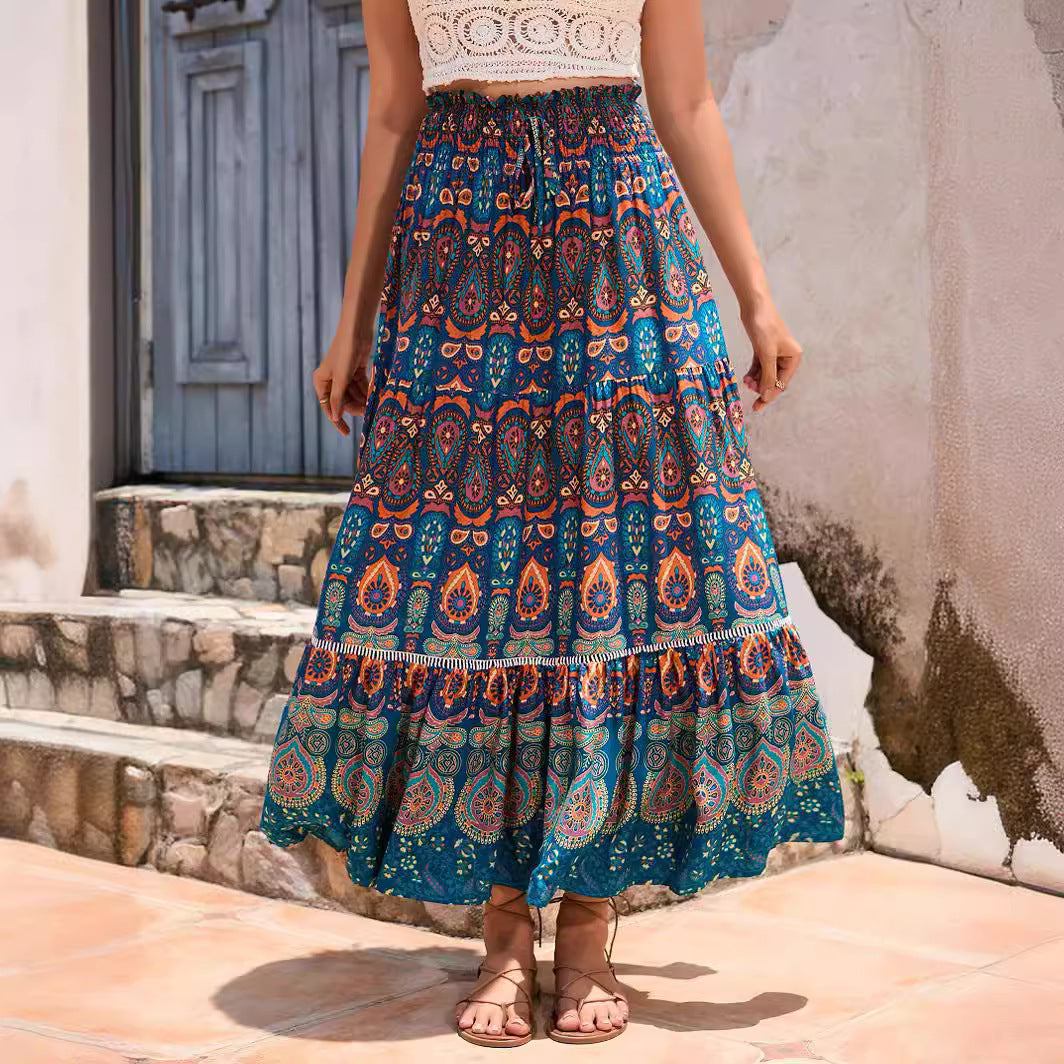 Damen Maxirock im bunten Paisley-Design mit Volant und elastischem Bund Stalluxe