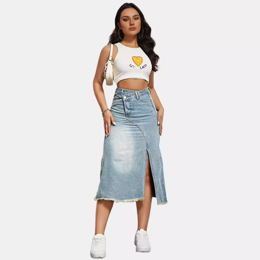 Damen Midirock mit seitlichem Schlitz und fransigem Saum Stalluxe