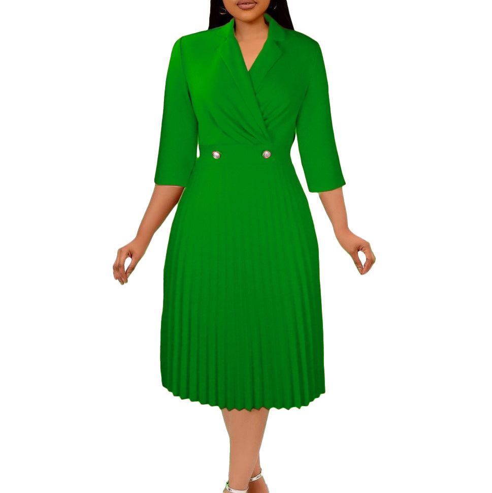 Damen elegantes Wickelkleid mit Plissee-Design und Bürokragen Stalluxe