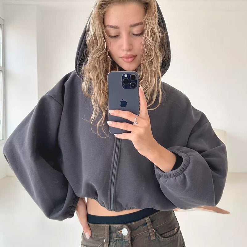 Damen cropped Kapuzenpullover mit voluminösen Ärmeln Stalluxe