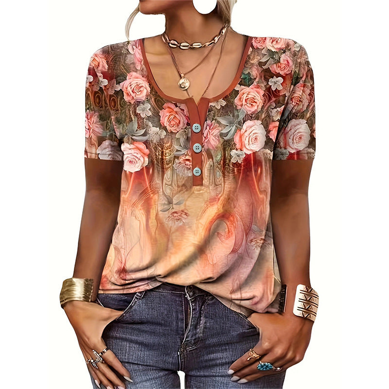 Damen Kurzarmshirt mit floralem Herzdesign und Knopfleiste Stalluxe