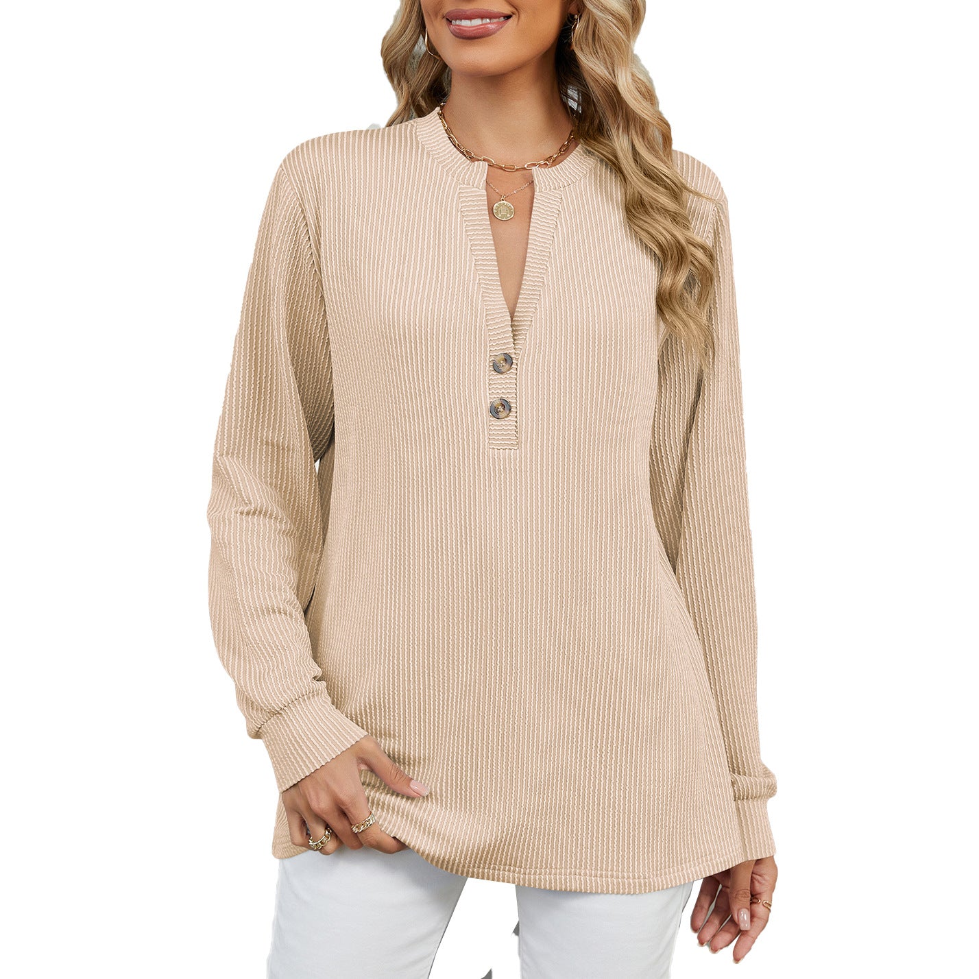 Damen Langarmshirt mit modischem Henley-Ausschnitt und strukturierter Ripptextur Stalluxe