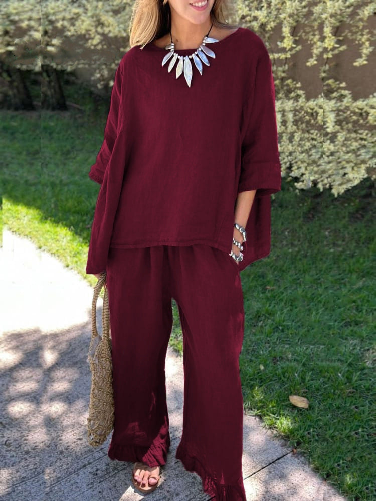 Damen lässiges Leinen-Outfit mit weitem Schnitt und angeschnittenen Ärmeln Stalluxe