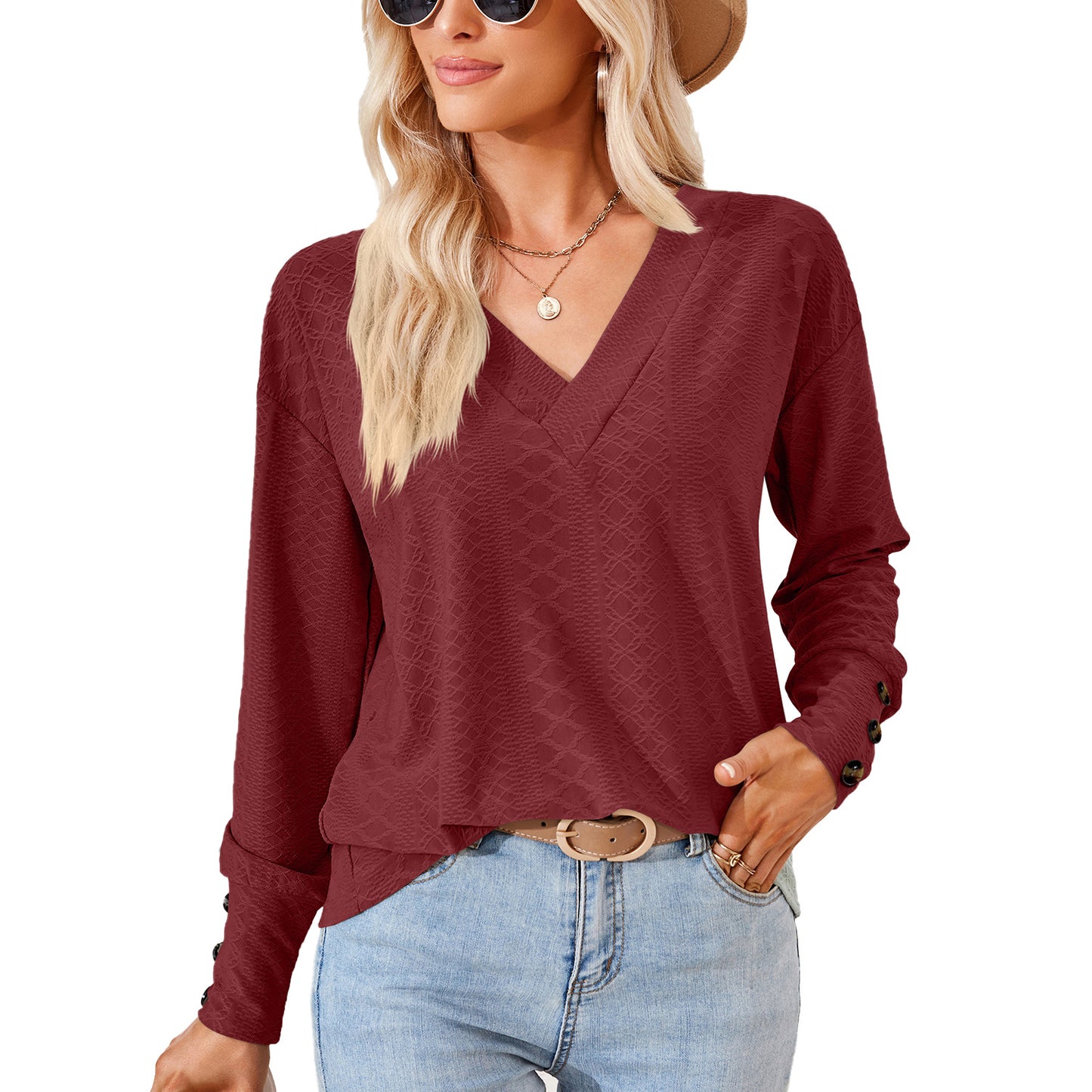 Damen Langarmbluse mit raffiniertem V-Ausschnitt und strukturiertem Design Stalluxe