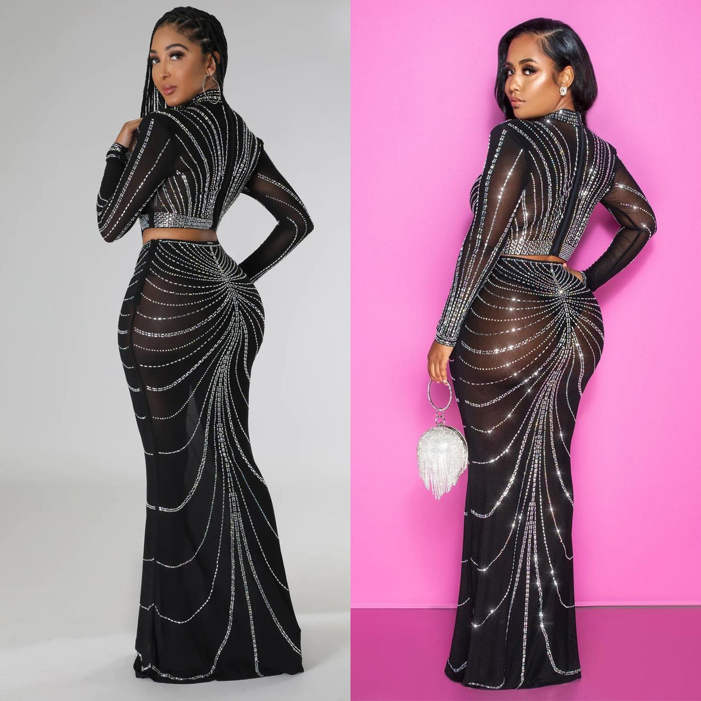 Damen Glamouröses Abendkleid mit funkelnden Strassdetails und transparenter Einsätzen Stalluxe