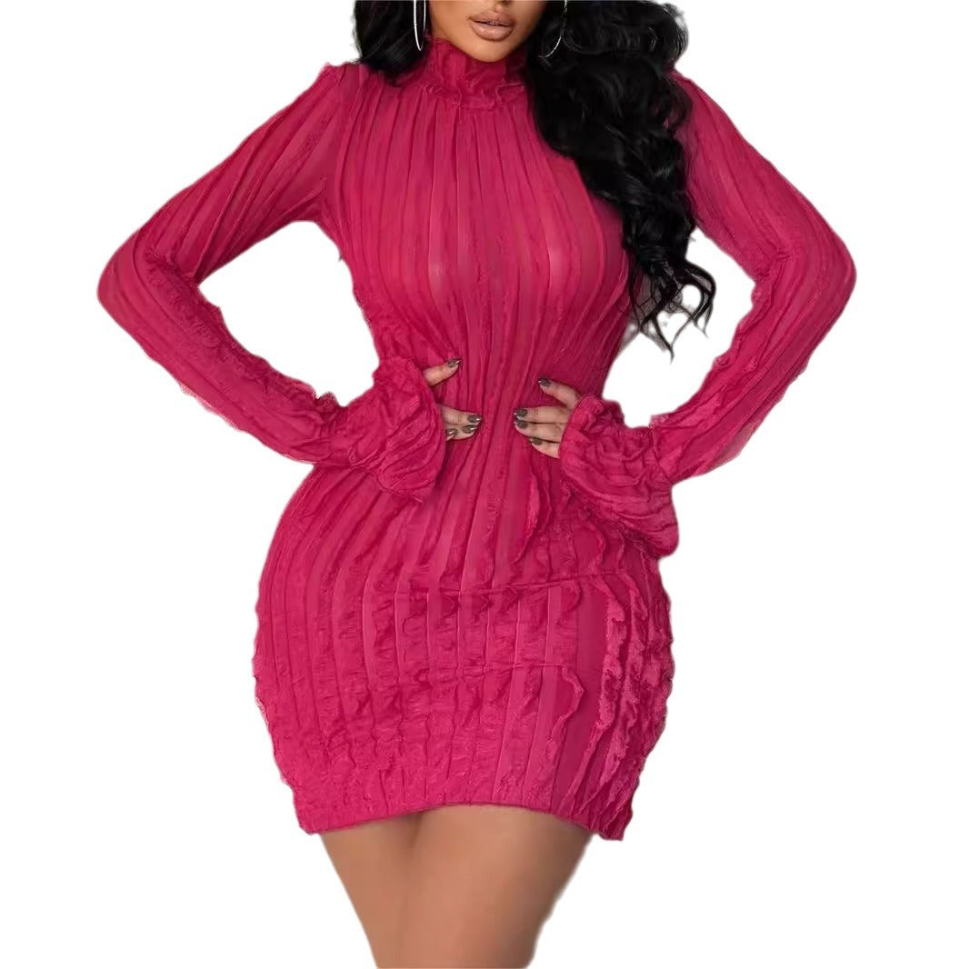 Damen figurbetontes Rippkleid mit langen Ärmeln und Stehkragen Stalluxe
