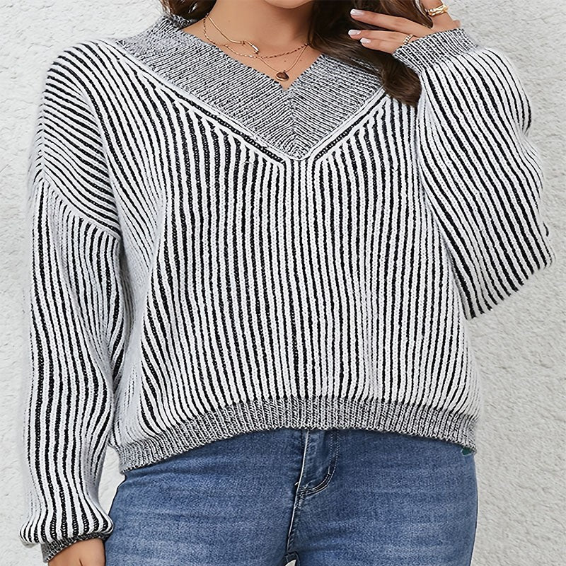 Damen Oversize-Strickpullover mit V-Ausschnitt und grafischem Streifenmuster Stalluxe