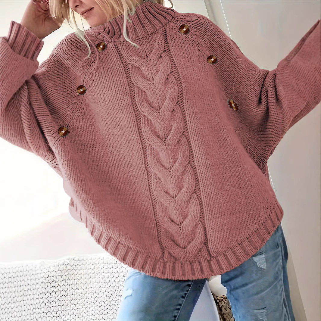 Damen Lockere Strickpullover mit hohem Kragen und dekorativen Knöpfen Stalluxe
